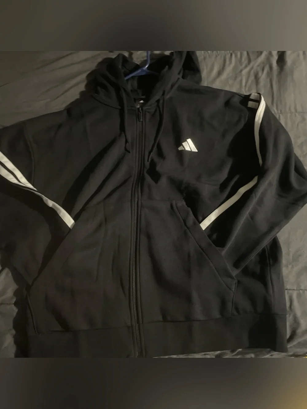 adidas Black Hooded Performance Zip Jacket with White Stripes